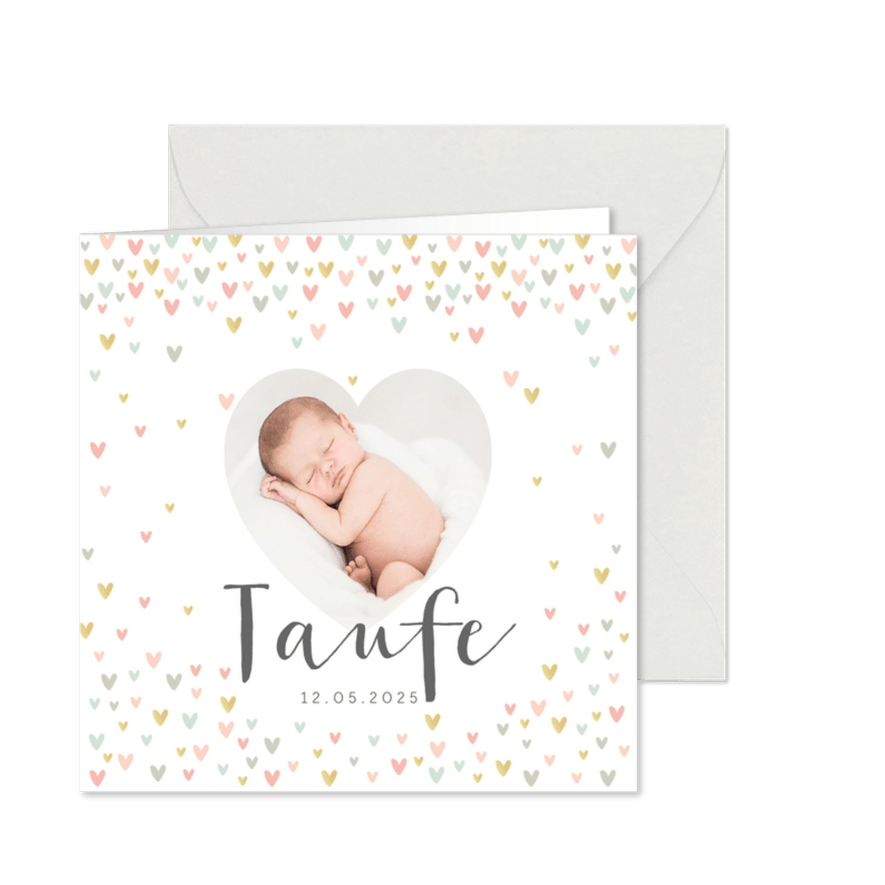 Einladung zur Taufe Pastellherzen und Foto - Karteneindruck
