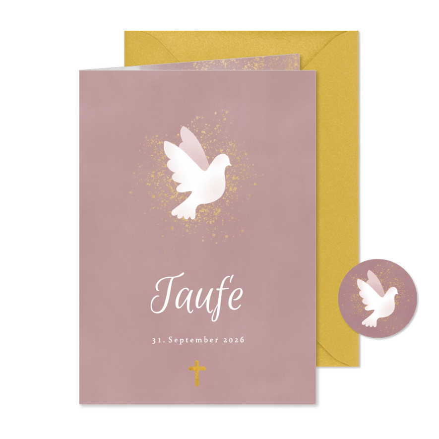 Einladung zur Taufe rosa Aquarell mit Taube und Kreuz - Kartenvorschau
