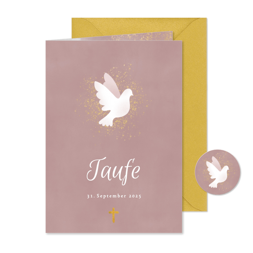 Einladung zur Taufe rosa Aquarell mit Taube und Kreuz - Karteneindruck