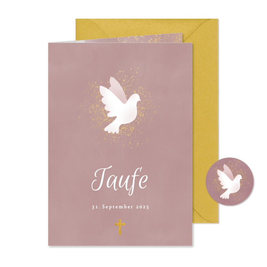 Einladung zur Taufe rosa Aquarell mit Taube und Kreuz - Karteneindruck
