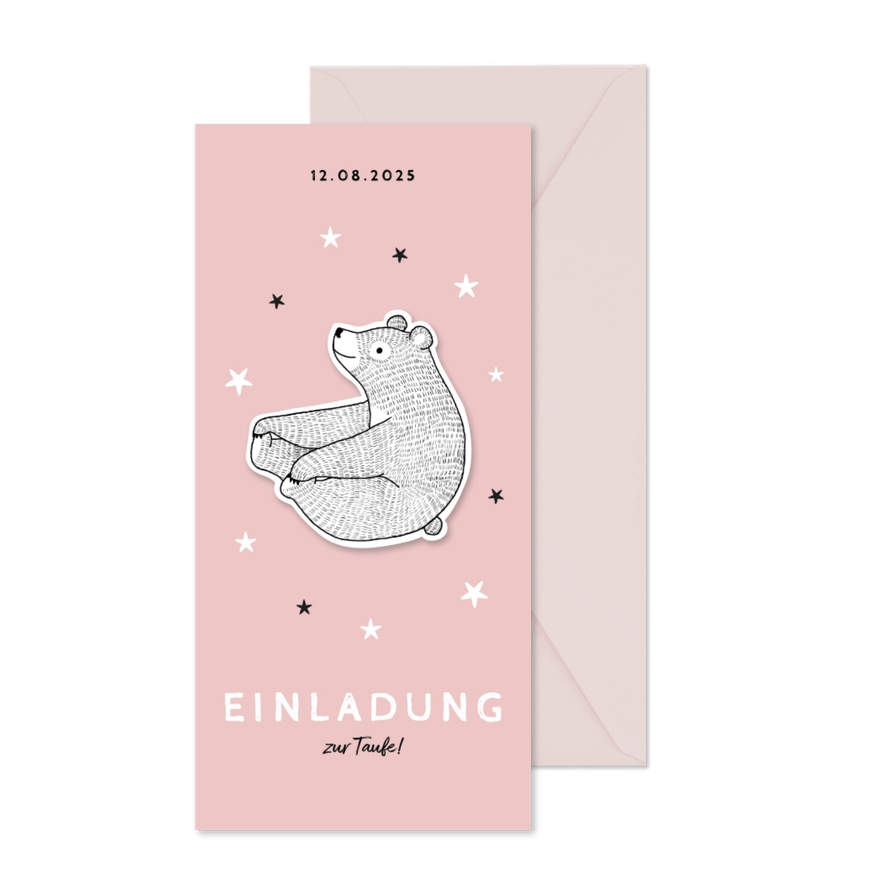 Einladung zur Taufe rosa Bär und Sterne - Karteneindruck
