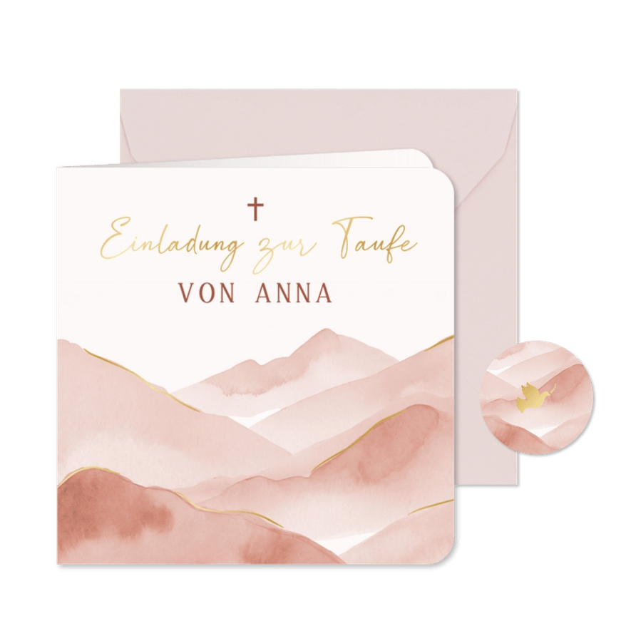 Einladung zur Taufe rosa Berge Aquarell - Karteneindruck