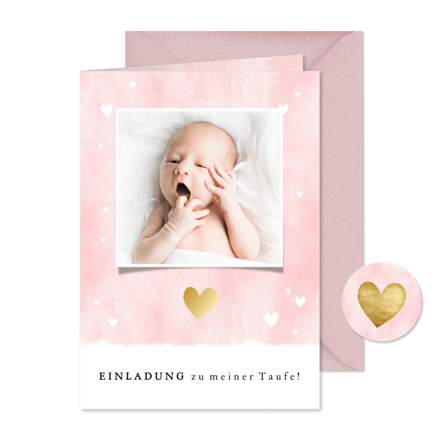 Einladung zur Taufe rosa mit Foto und Herzen - Karteneindruck