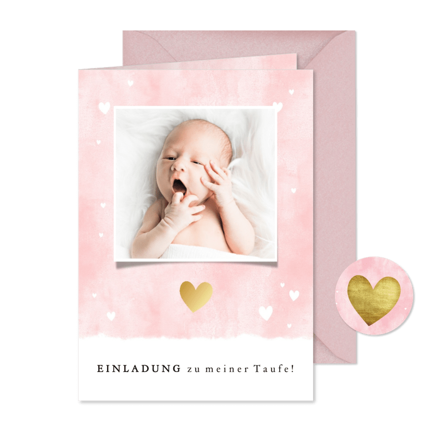 Einladung zur Taufe rosa mit Foto und Herzen - Karteneindruck
