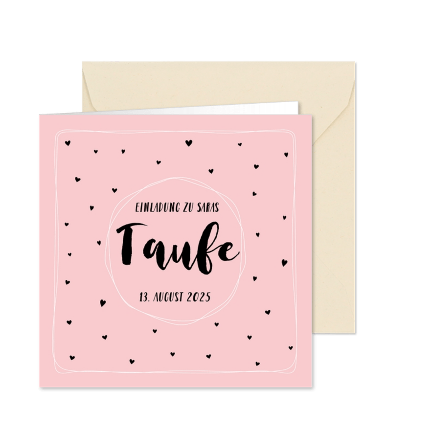 Einladung zur Taufe rosa mit kleinen Herzchen - Karteneindruck