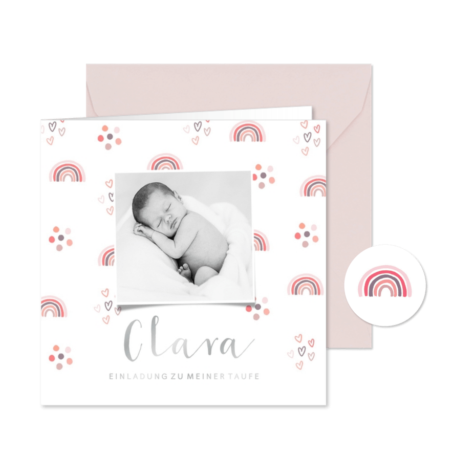 Einladung zur Taufe rosa Regenbogen und Foto - Karteneindruck