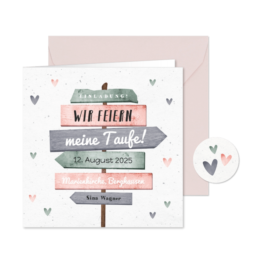 Einladung zur Taufe rosa Wegweiser und Herzen - Karteneindruck