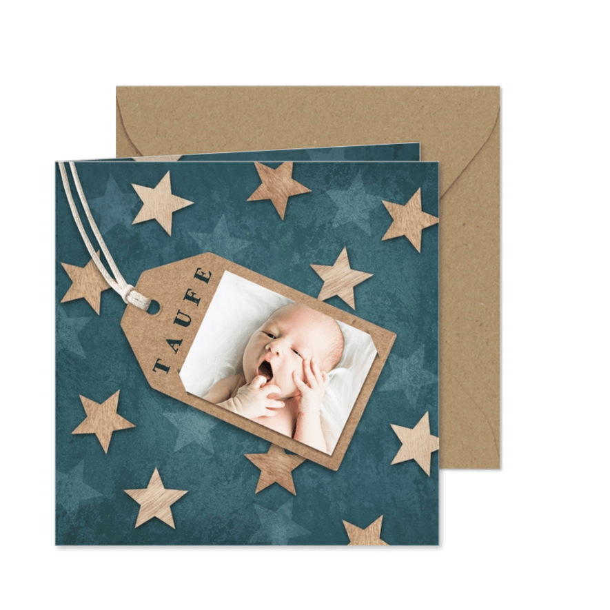 Einladung zur Taufe Sterne im Holzlook und Foto - Karteneindruck
