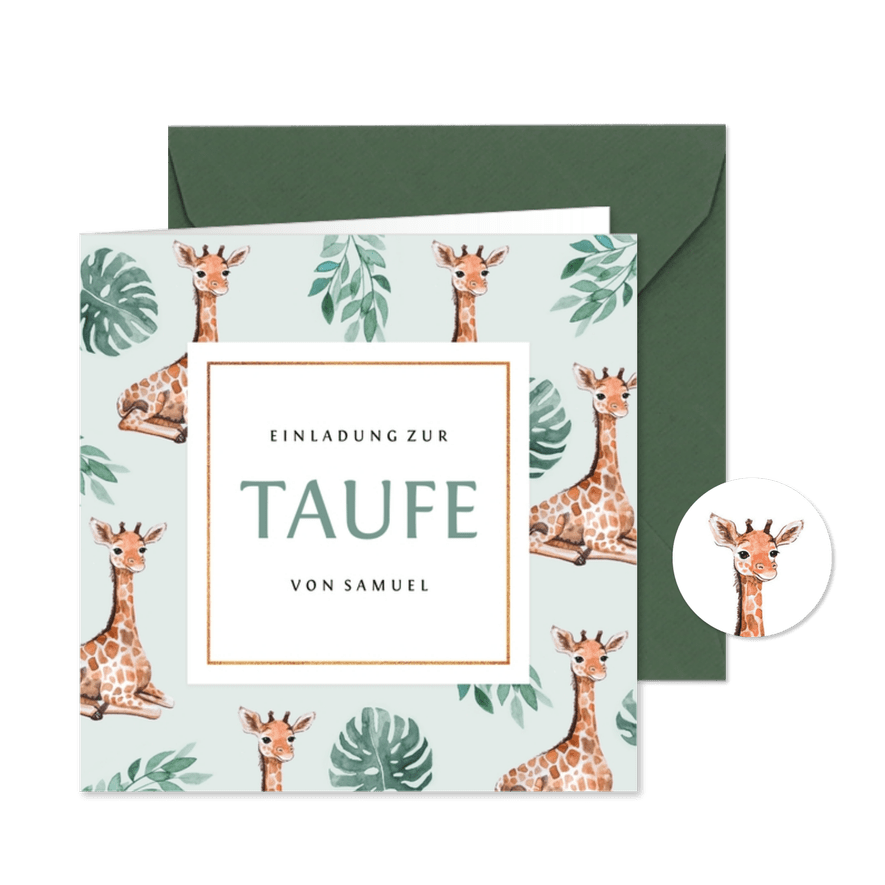 Einladung zur Taufe süße Giraffen und Foto innen - Karteneindruck