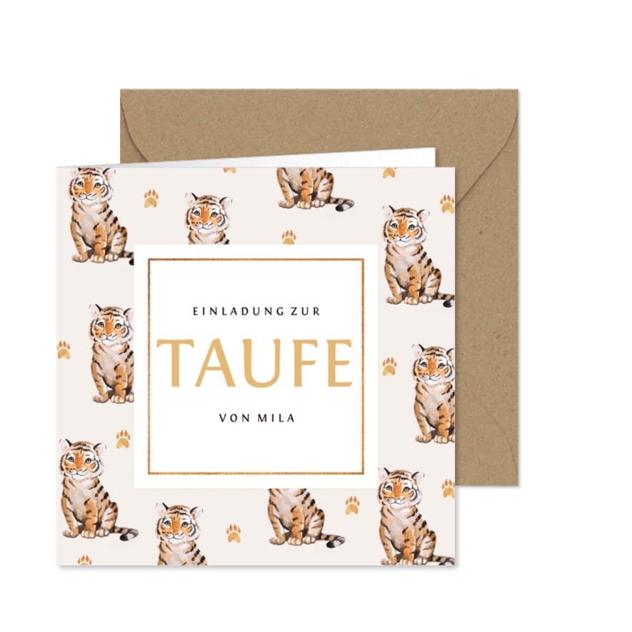 Einladung zur Taufe süße Tiger und Foto innen - Karteneindruck
