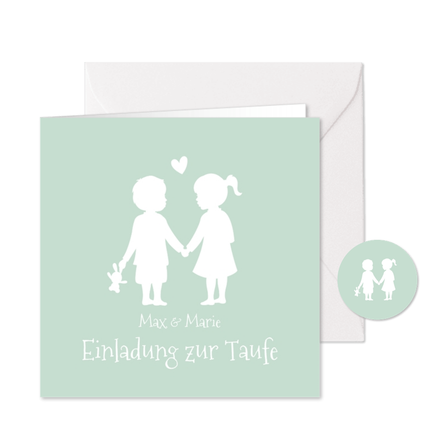 Einladung zur Taufe Zwilling Junge & Mädchen Silhouette - Karteneindruck
