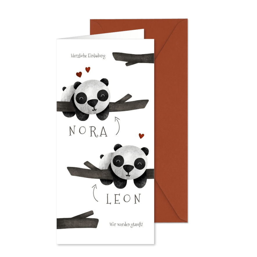 Einladung zur Taufe Zwilling Panda-Bären - Karteneindruck