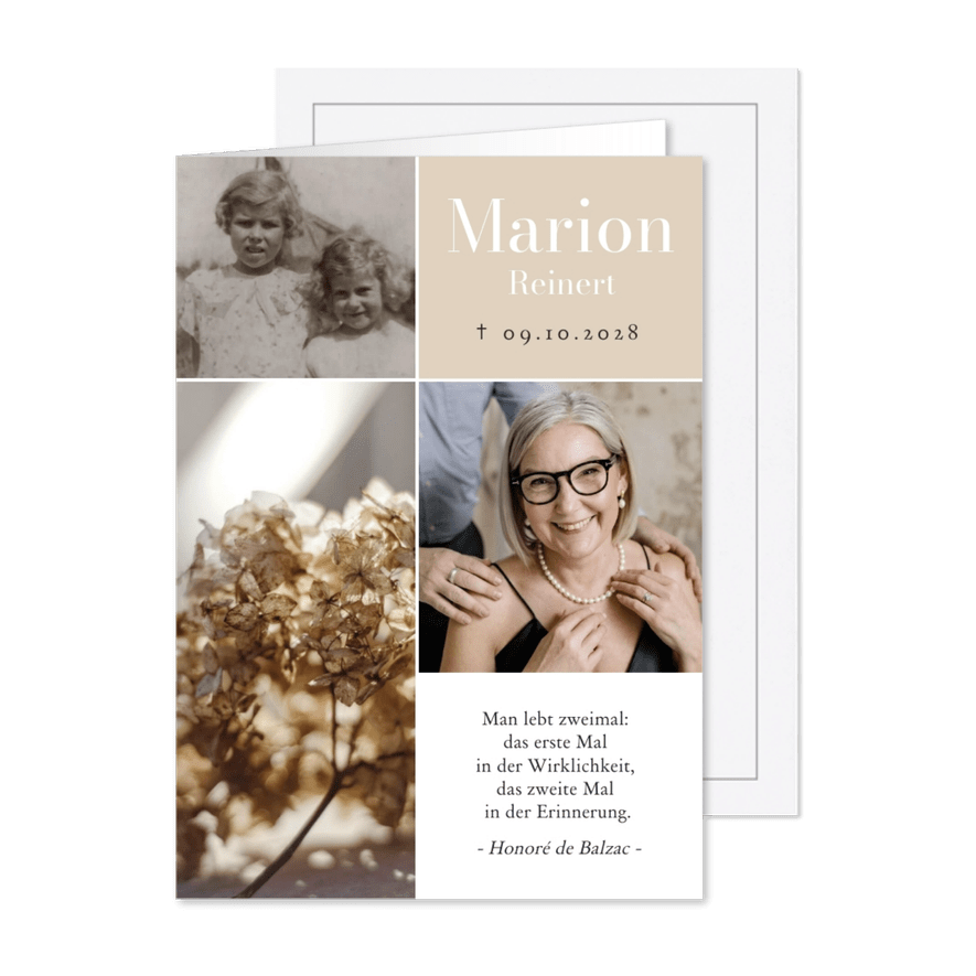 Einladung zur Trauerfeier beige Fotocollage - Karteneindruck

