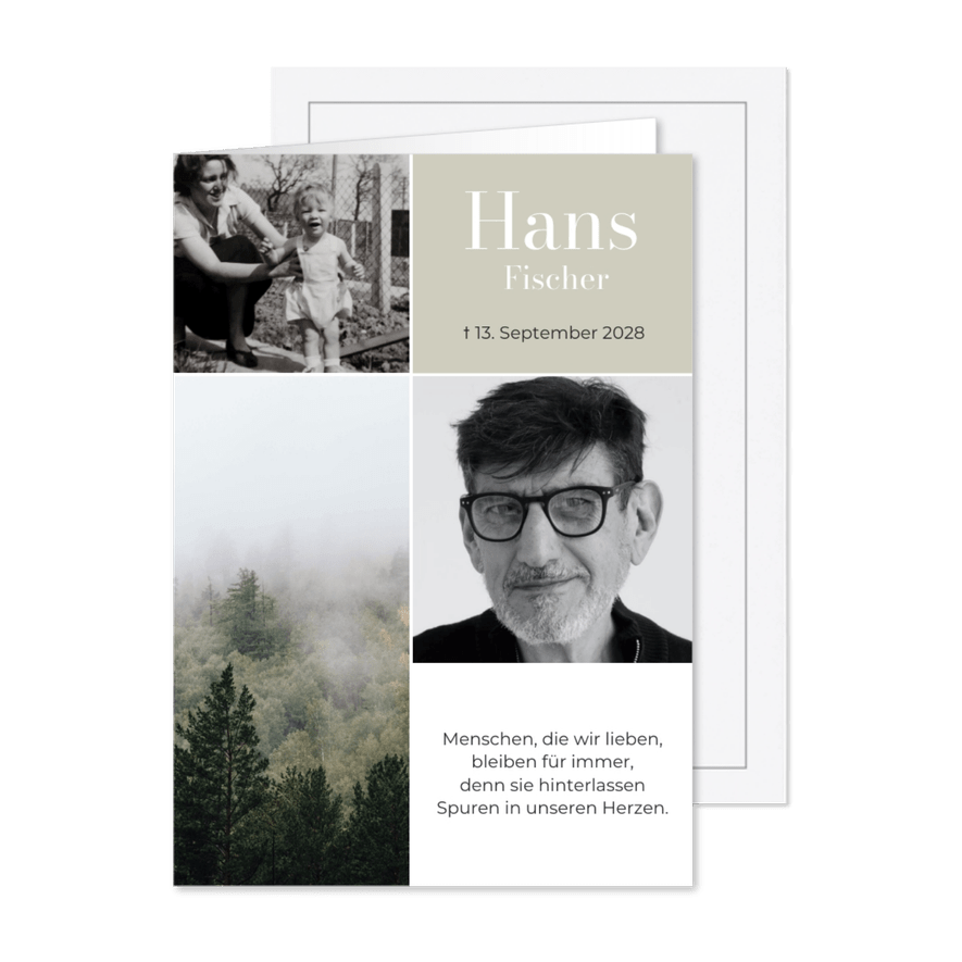  Einladung zur Trauerfeier graugrün Fotocollage - Kartenvorschau

