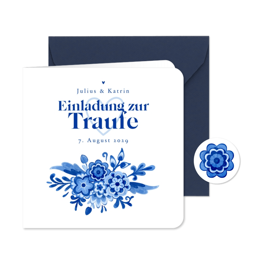 Einladung zur Traufe Delfter Blau Blumendekor - Kartenvorschau