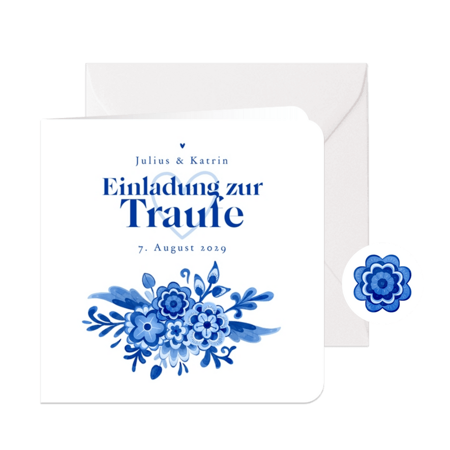 Einladung zur Traufe Delfter Blau Blumendekor - Karteneindruck
