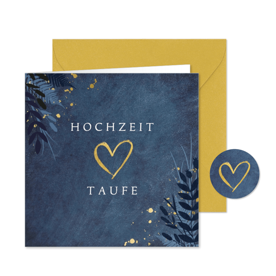 Einladung zur Traufe dunkelblau mit Herz und Pflanzen - Karteneindruck