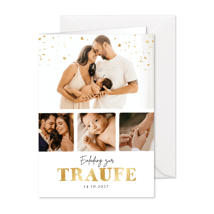 Einladung zur 'Traufe' Fotocollage & Gold - Karteneindruck
