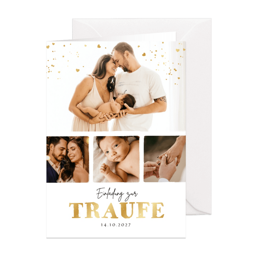 Einladung zur 'Traufe' Fotocollage & Gold - Karteneindruck
