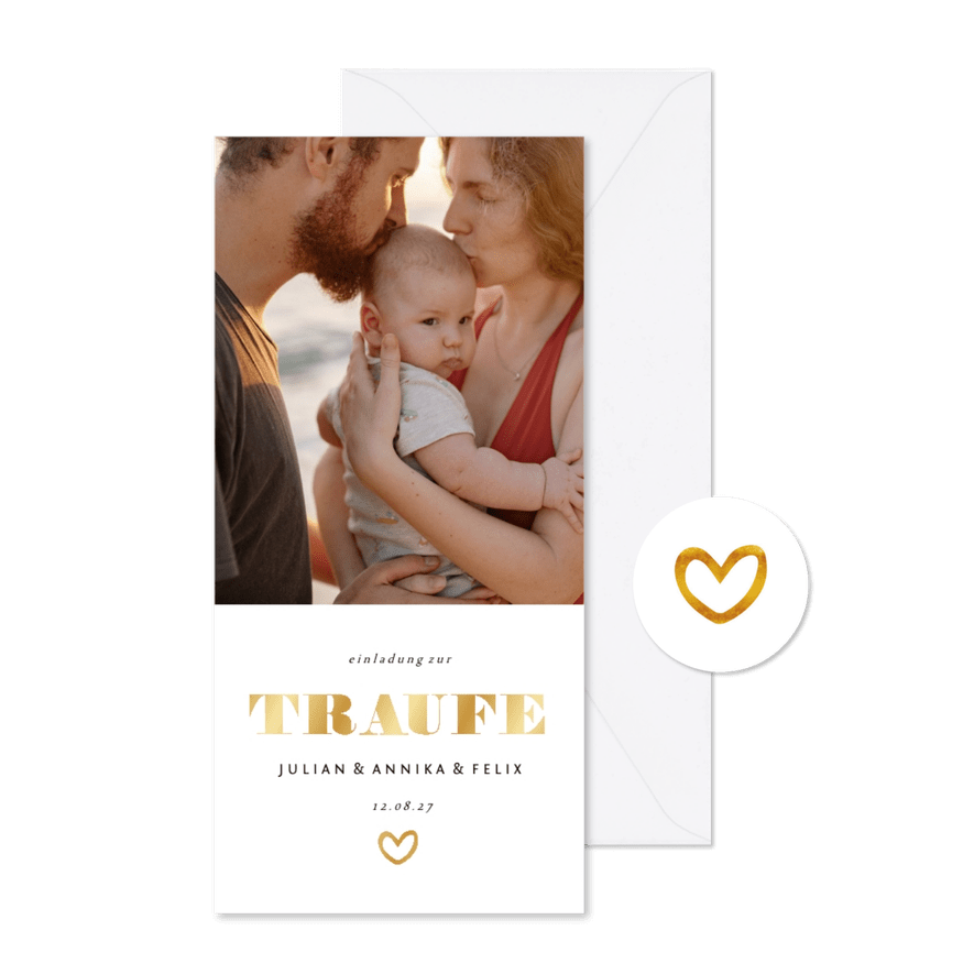 Einladung zur Traufe Goldakzente Foto Hochformat - Karteneindruck