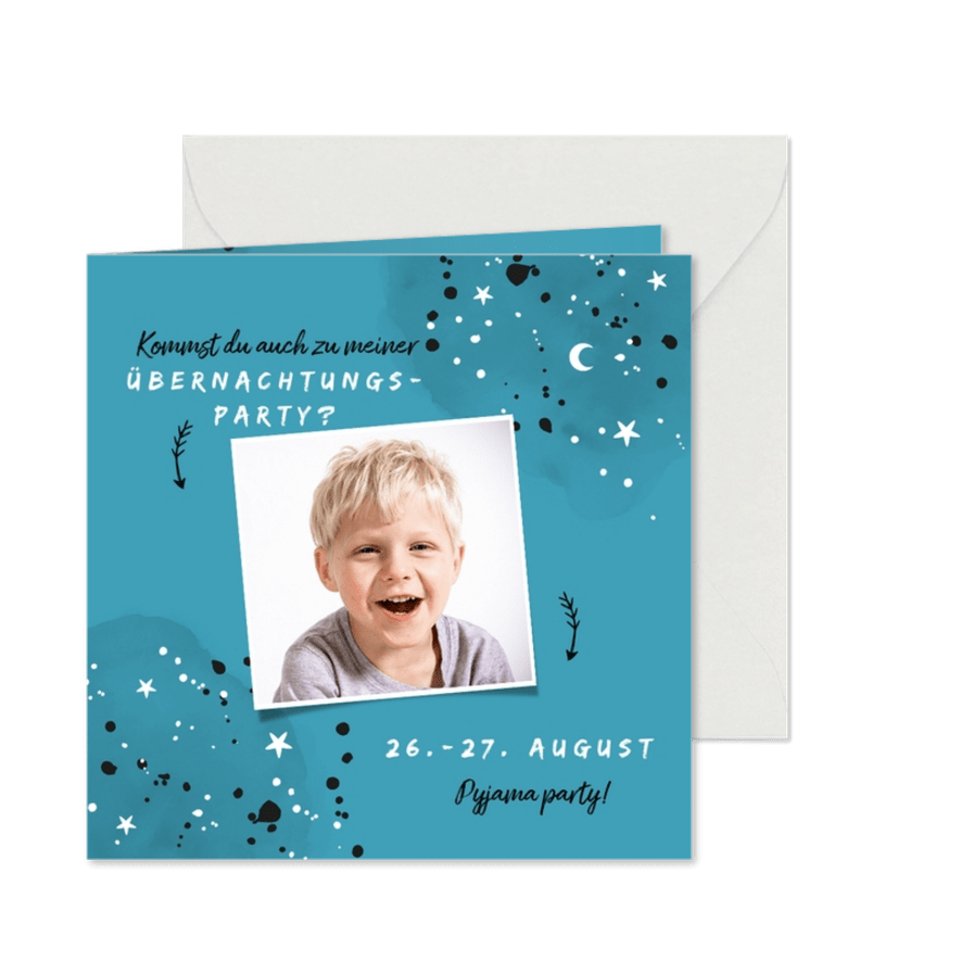 Einladung zur Übernachtungsparty Junge Mond und Sterne - Karteneindruck
