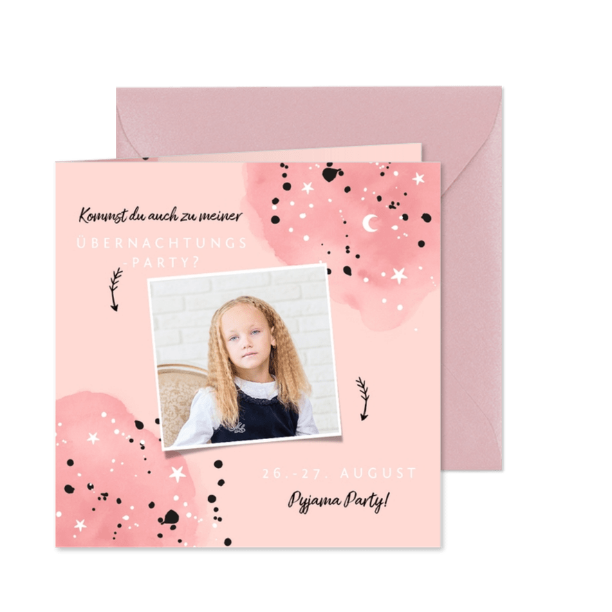 Einladung zur Übernachtungsparty Mädchen Mond und Sterne - Karteneindruck
