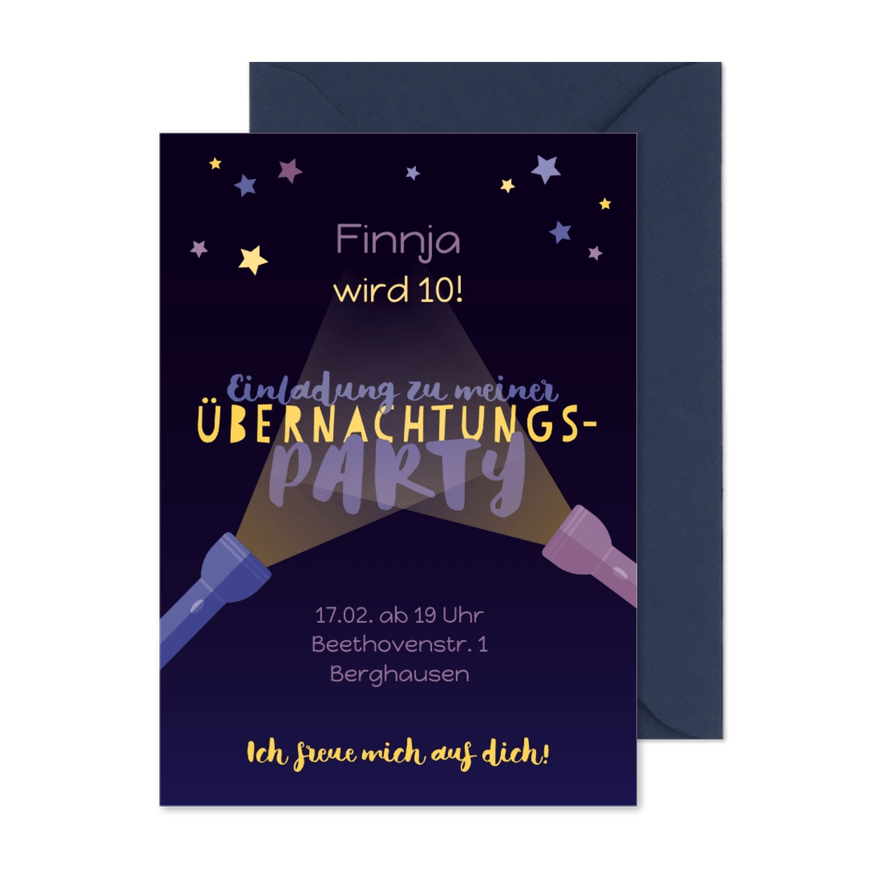 Einladung zur Übernachtungsparty Taschenlampen 10 Jahre - Karteneindruck
