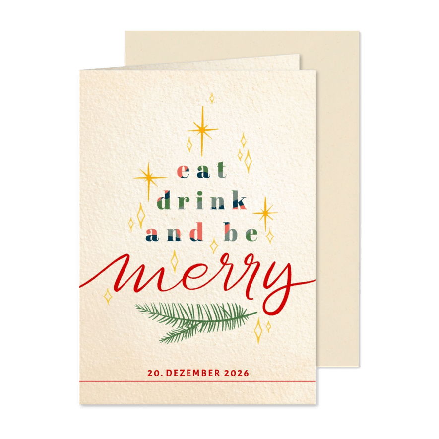 Einladung zur Weihnachtsfeier 'eat, drink and be merry' - Kartenvorschau
