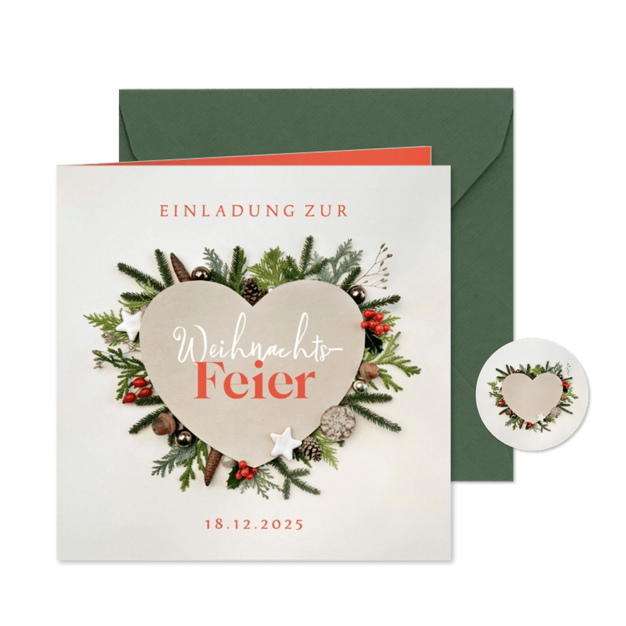 Einladung zur Weihnachtsfeier Herz mit Weihnachtsdeko - Karteneindruck