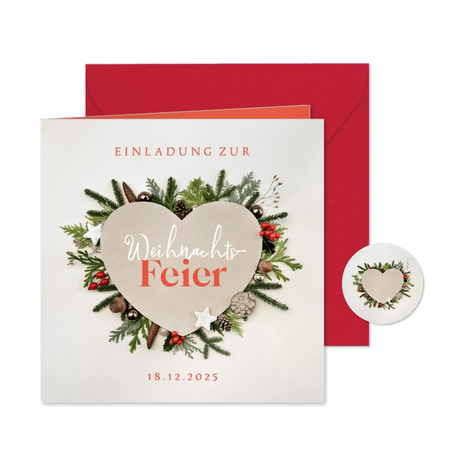 Einladung zur Weihnachtsfeier Herz mit Weihnachtsdeko - Karteneindruck