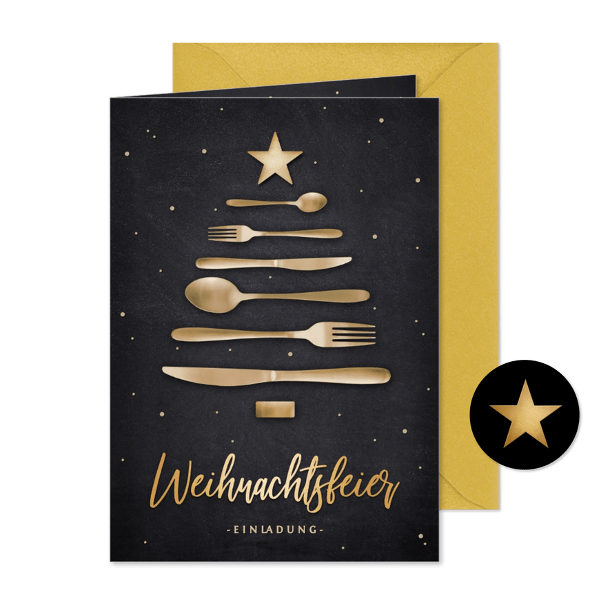 Einladung zur Weihnachtsfeier Weihnachtsbaum aus Besteck - Karteneindruck
