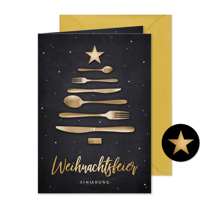 Einladung zur Weihnachtsfeier Weihnachtsbaum aus Besteck - Kartenvorschau
