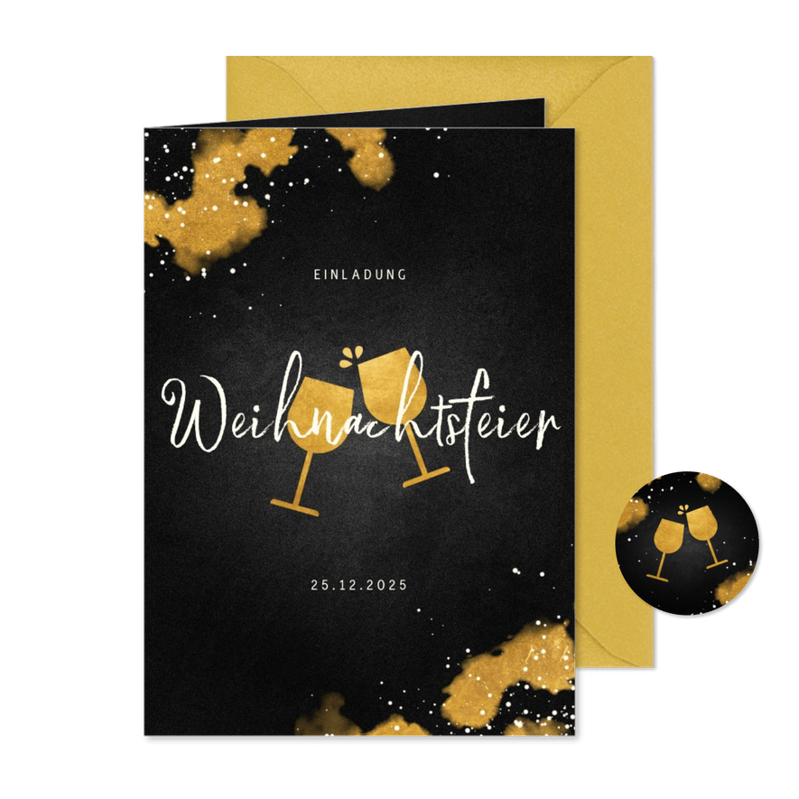 Einladung zur Weihnachtsfeier Weingläser und Goldeffekte - Karteneindruck