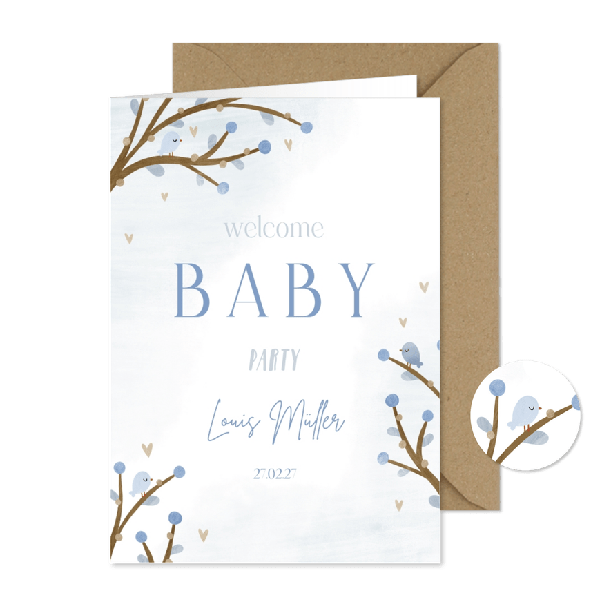 Einladung zur Welcome-Baby-Party blaue Zweige und Vögel - Karteneindruck