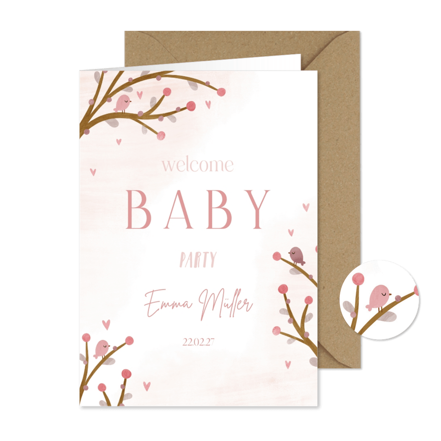 Einladung zur Welcome-Baby-Party rosa Zweige und Vögel - Karteneindruck