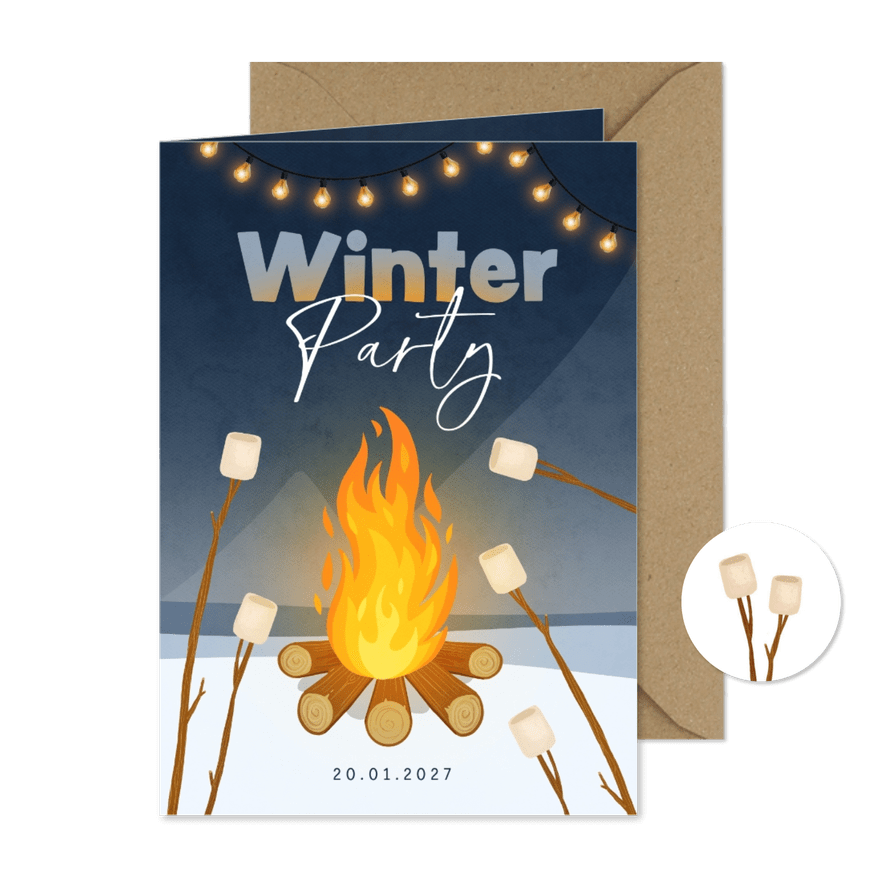 Einladung zur Winterparty Feuer mit Marshmallows - Karteneindruck
