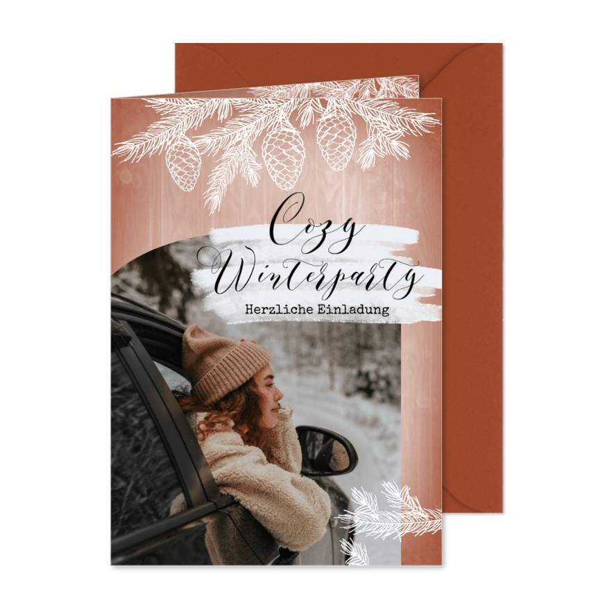 Einladung zur Winterparty Tannenzweige - Karteneindruck
