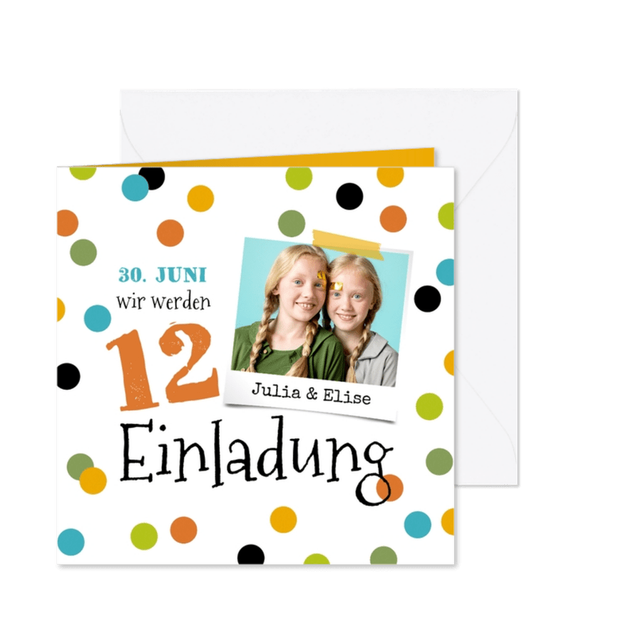 Einladung Zwillingsgeburtstag Foto & Konfetti 12 Jahre - Karteneindruck