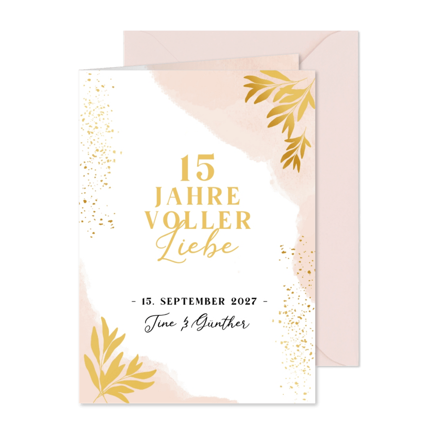 Einladungkarte zum Hochzeitstag mit Blättern im Goldlook - Karteneindruck
