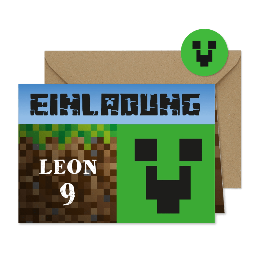 Einladungksarte zum Minecraft-Kindergeburtstag 9 Jahre - Kartenvorschau