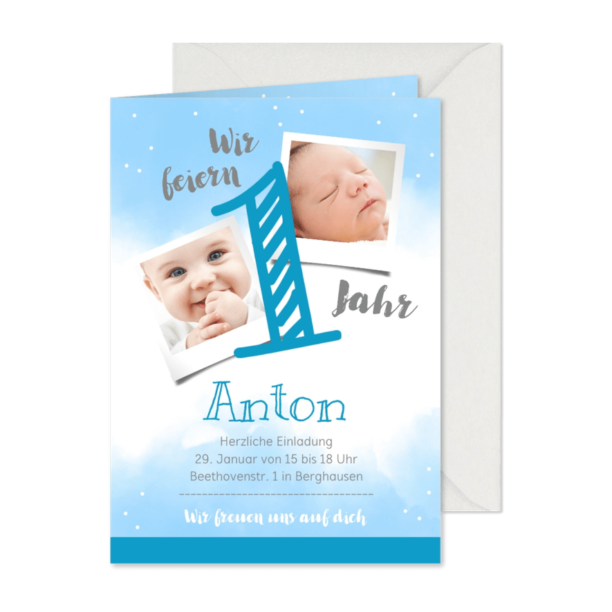 Einladungskarte 1. Geburtstag blaue Wasserfarbe mit Fotos - Karteneindruck