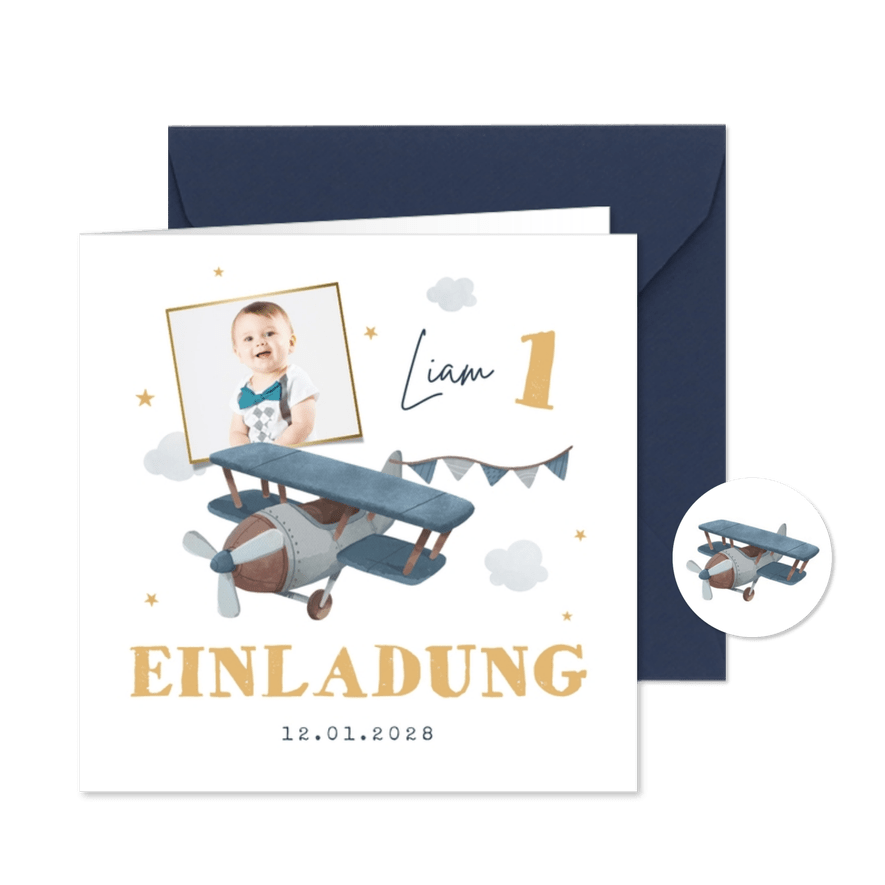 Einladungskarte 1. Geburtstag Flugzeug und Foto - Karteneindruck
