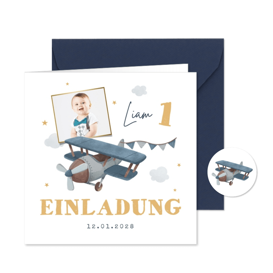 Einladungskarte 1. Geburtstag Flugzeug und Foto - Karteneindruck
