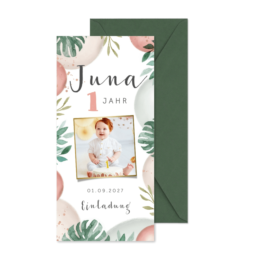 Einladungskarte 1. Geburtstag Foto & dekorativer Rahmen  - Karteneindruck
