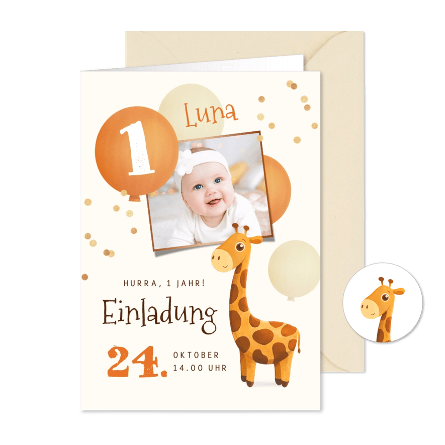 Einladungskarte 1. Geburtstag Foto & Giraffe - Karteneindruck