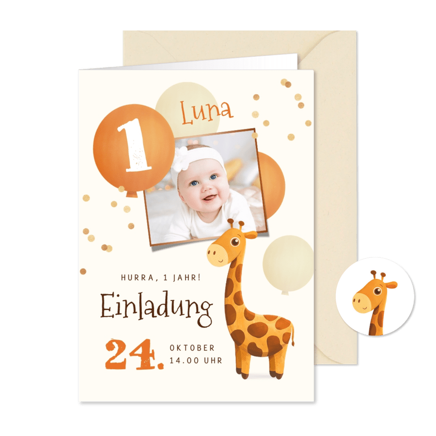 Einladungskarte 1. Geburtstag Foto & Giraffe - Karteneindruck