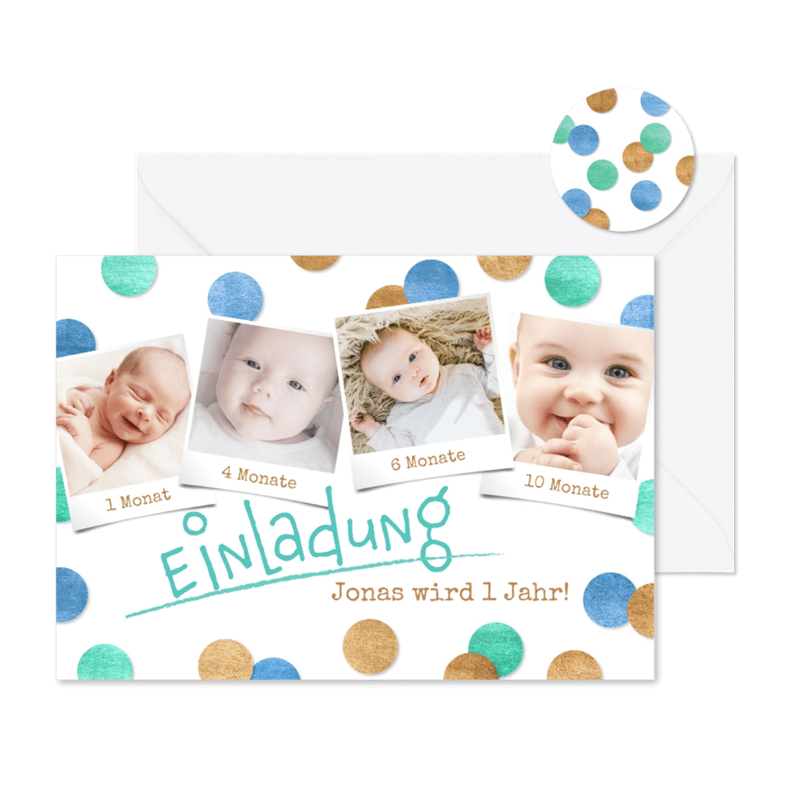 Einladungskarte 1. Geburtstag Konfetti blau & Fotos - Kartenvorschau