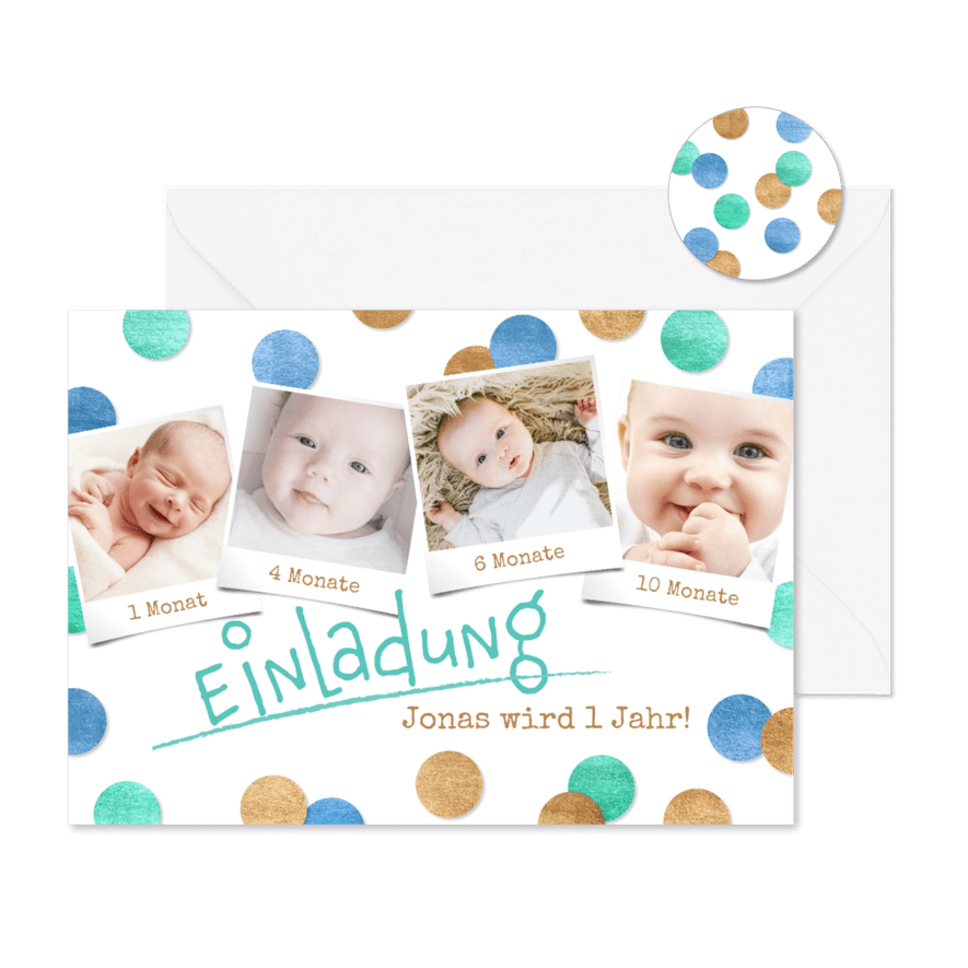 Einladungskarte 1. Geburtstag Konfetti blau & Fotos - Karteneindruck