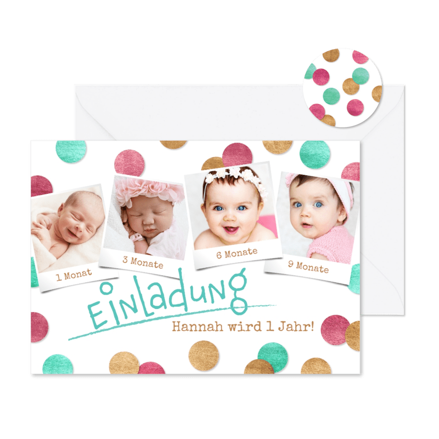 Einladungskarte 1. Geburtstag Konfetti pink & Fotos - Karteneindruck
