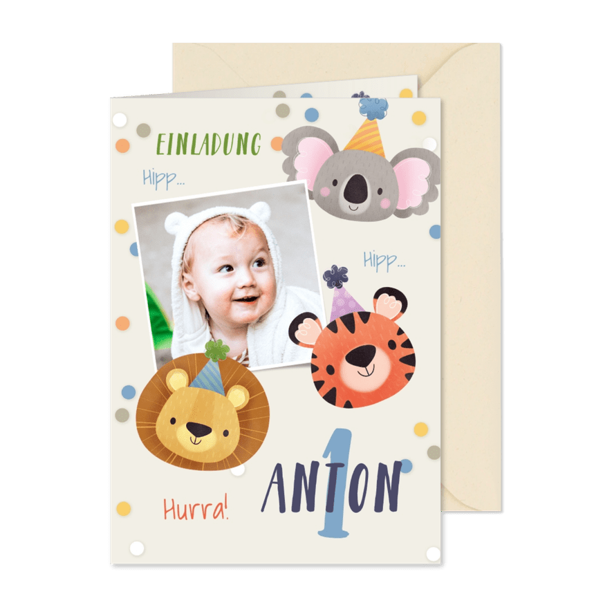 Einladungskarte 1. Geburtstag lustige Tiere - Karteneindruck

